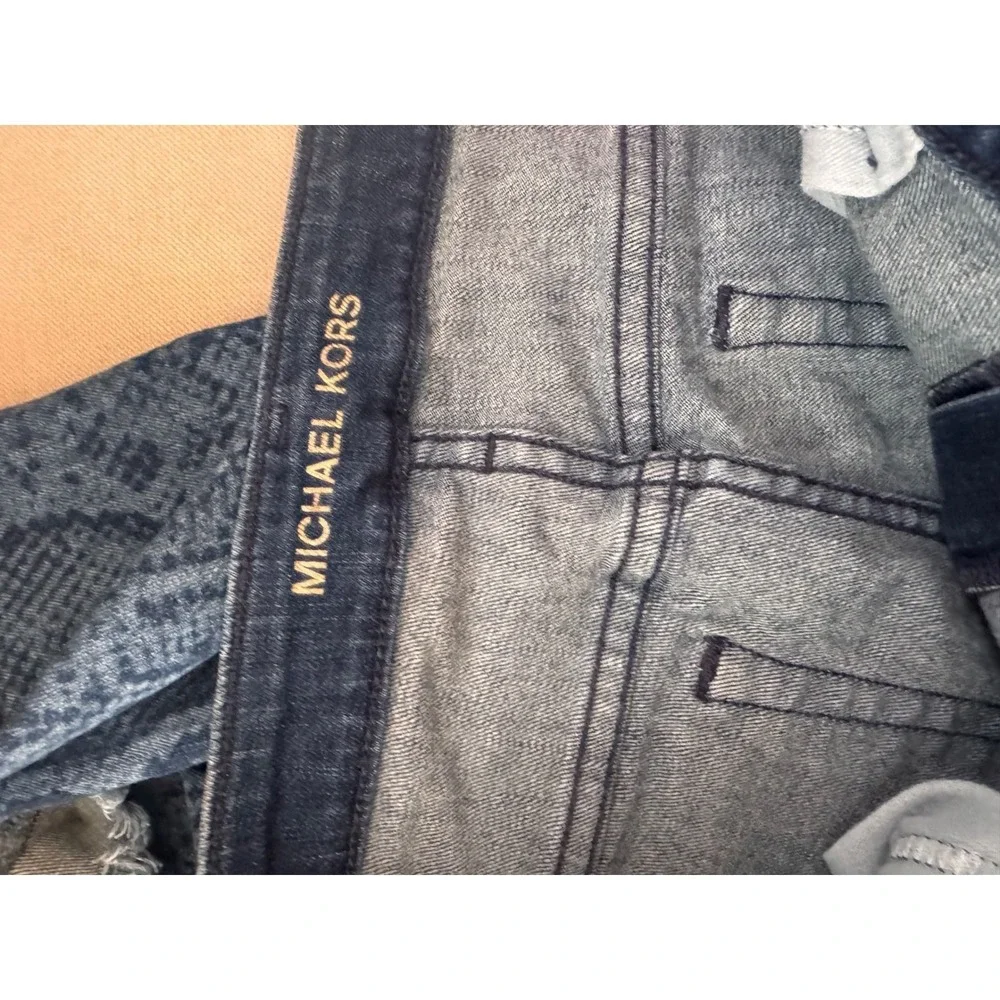 Michael Kors Blue Snakeskin Print Jeans 14 High Rise Raw‎ Hem Stretch Denim